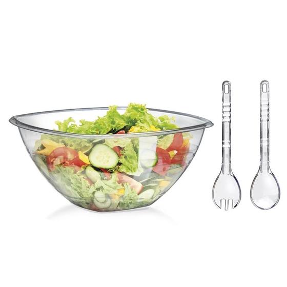 Imagem de Saladeira Grande 4,5 L + Colher + Garfo de salada acrílico Conjunto Para Salada Kit 3 Peças Top Cozinha Delta - PANAMI