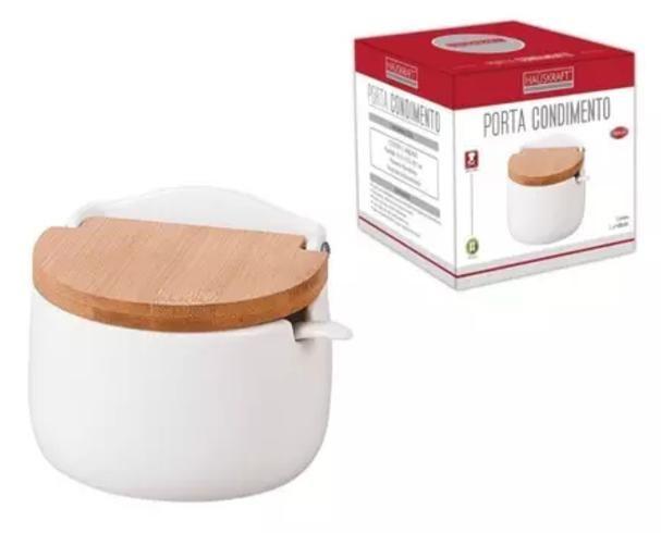 Imagem de Saleiro Porcelana de Mesa com Tampa de Bambu Porta Temperos Condimentos Açucareiro