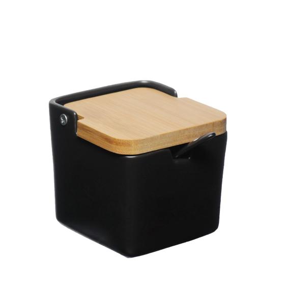 Saleiro Porcelana Preto Tampa De Bambu Com Colher Tempero Menor preço em Saleiro Porcelana Preto Tampa De Bambu Com Colher Tempero