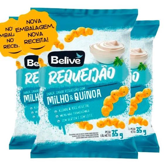 Imagem de Salgadinho de Milho e Quinoa Belive Zero Glúten Zero Lactose Requeijão contendo 3 pacotes de 35g cada