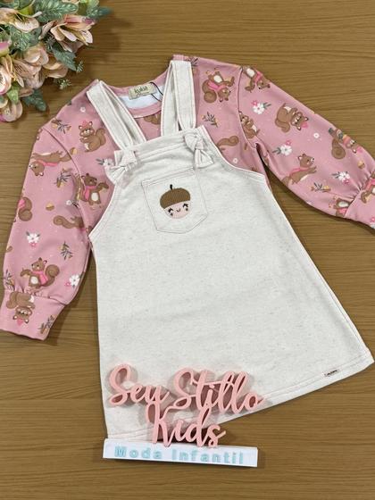 Imagem de Salopete Infantil Kukiê Inverno com Blusa Térmica Rosa Esquilinho