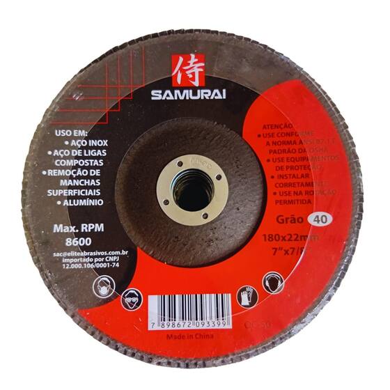 SAMURAI DISCO DE FLAP 180 X 22mm GR 40 - ELITE - Abrasivos - Magazine Luiza
