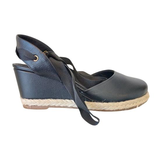 Sandália Anabela Feminina em Couro Preta Salto Médio Corda 365