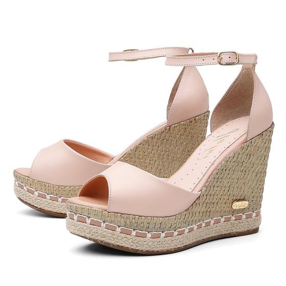 Imagem de Sandalia em Couro Salto Alto Anabela Sisal Casual Feminina Tira Fivela Conforto Mulher Elegante