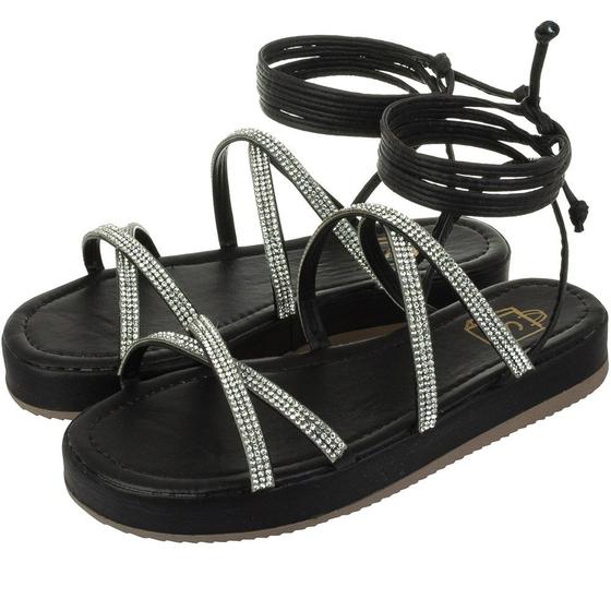 Imagem de Sandália Feminina Papete Flatform Tiras De Amarrar Com Brilho Preto