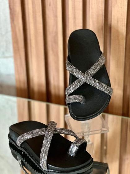 Imagem de Sandália Feminina Papete Strass Rasteirinha Flatform De Luxo 025