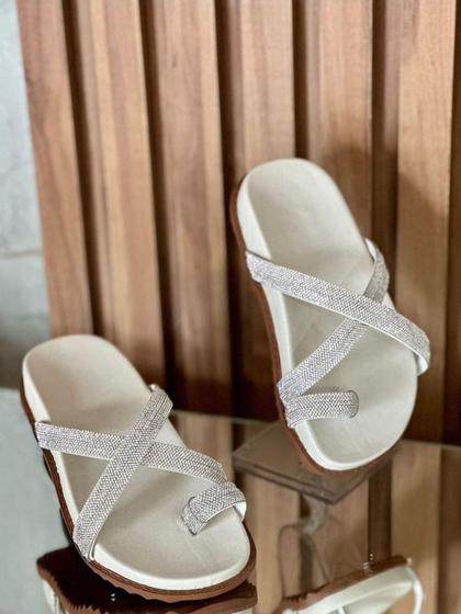 Imagem de Sandália Feminina Papete Strass Rasteirinha Flatform De Luxo 025