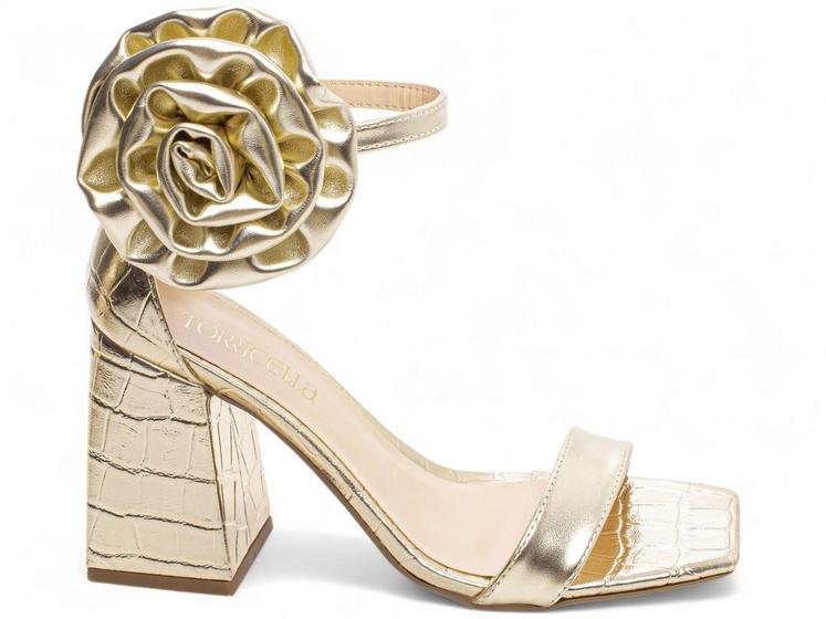 Imagem de Sandália Feminina Salto Alto Bloco Grosso Bico Quadrado Flor 9cm Ouro Ligth Torricella