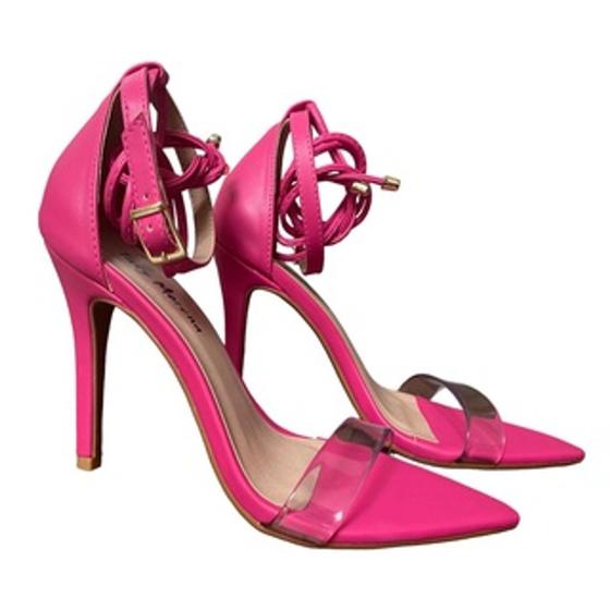 Sandália feminina salto fino amarrar abotoar colorida verão 2023