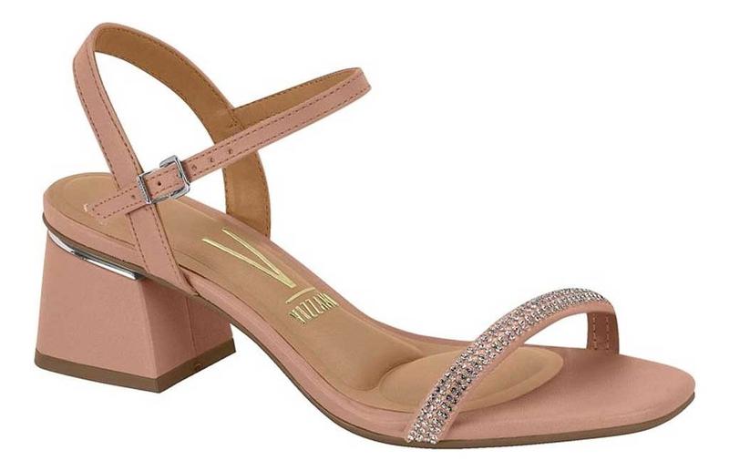 Sandália Feminina Salto Grosso Baixo Bloco De Strass Vizzano