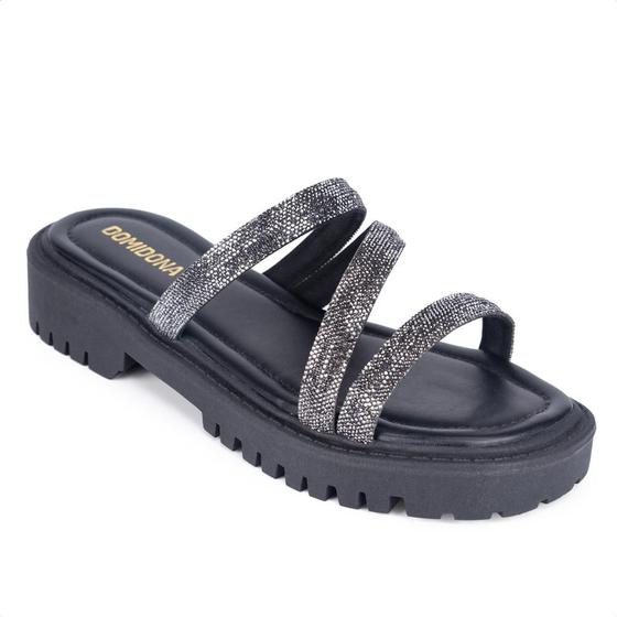 Imagem de Sandália Feminina Tratorada Papete Flatform Tiras De Strass