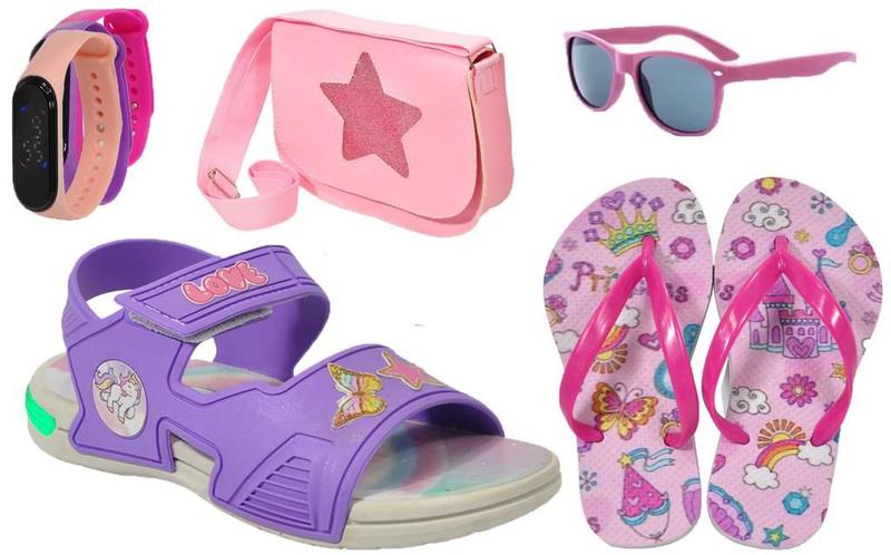 Imagem de Sandália Papete Infantil Led Feminina Unicórnio/Amy Rose + Chinelo + Óculos + Relógio + Bolsa Estrela