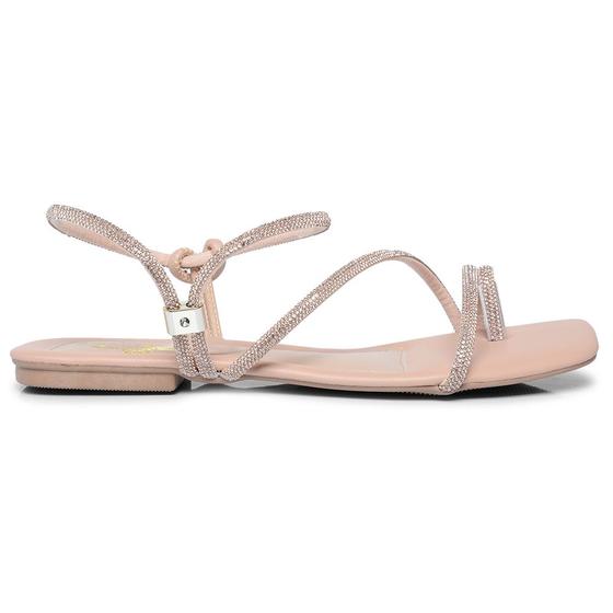 Imagem de Sandália Rasteira Feminino Ajuste Lateral Tiras em Strass Brilhante Calce Fácil Espuma Confort Elegante