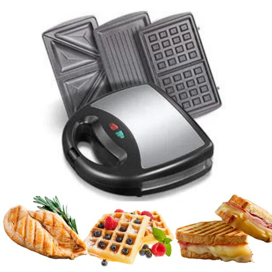 Sanduicheira Chapa Compacta Grill Waffles Lanche 3 Em 1 Acabamento Inox Sokany Sanduicheira