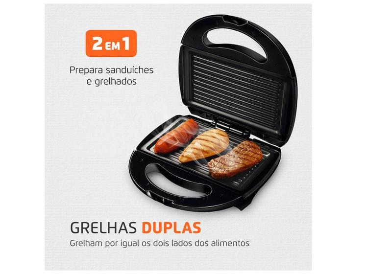 Infográfico mostrando a Sanduicheira Mondial S-12 grelhando carnes e destacando a função 2 em 1