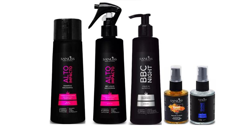 Imagem de Sanliss Alto Impacto Shampoo e BBC Liquid e BBC Night e Repair Macadâmia e Shine Moringa