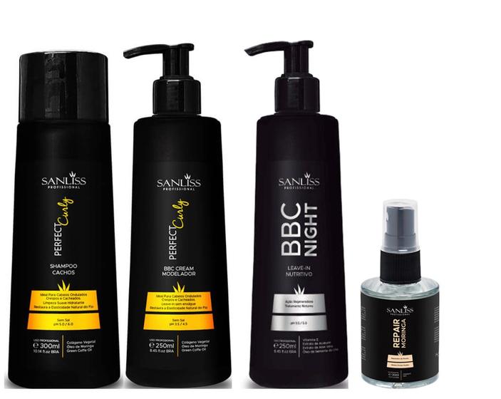 Imagem de Sanliss Perfect Curly Shampoo e BBC Cream Modelador e BBC Night e Repair Moringa