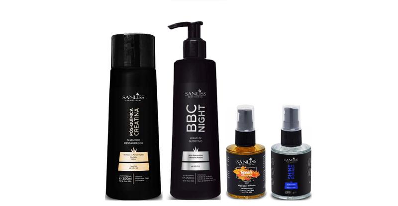 Imagem de Sanliss Pós-Quimica Shampoo e BBC Night e Repair Macadâmia e Shine Moringa