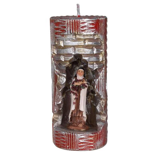 Imagem de Santa Terezinha. Rossoni Velas. Gruta em vela tam 07x16cm vermelha. Imagem em resina 9cm