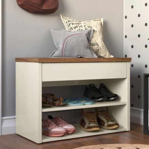 Imagem de Sapateira Caixa Multiuso Sapatos Quarto Banco Sentar Calçadeira para Hall de Entrada Retrô Decoração Hall 1 Gaveta  Offwhite/Freijó