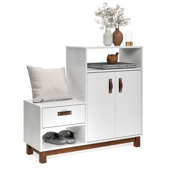 Imagem de Sapateira Cômoda Quarto Armário Aparador Hall de Entrada com Banco Assento Lateral Calçadeira Sapatos Organic 2 Portas Branco