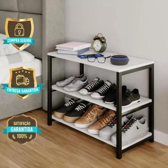 Imagem de Sapateira Estilo Industrial com Espaço para Calçados, Celular e Relógio em MDF Branco