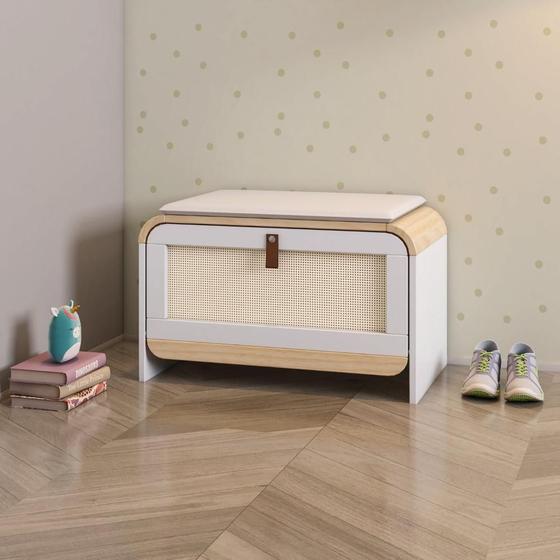 Imagem de Sapateira Infantil Wave com Assento Estofado e 1 Porta com Rattan Branco/Natural