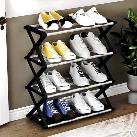 Imagem de Sapateira Preta Moderna 4 Prateleiras para 08 Pares Montagem Simples e Estrutura Reforçada Organizador