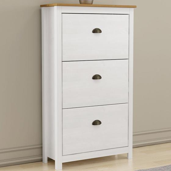 Sapateira Topázio 3 Gavetas Madeira Maciça Branco/carvalho - Finestra Móveis Menor preço em Sapateira Topázio 3 Gavetas Madeira Maciça Branco/carvalho - Finestra Móveis