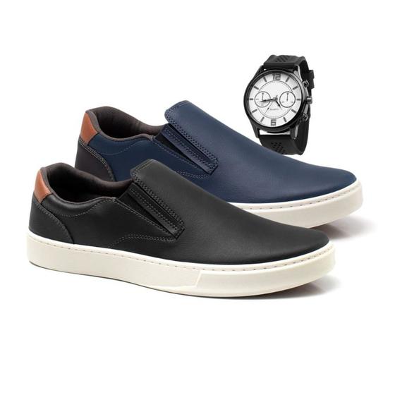 Imagem de Sapatenis casual masculino palmilha gel tenis slip on confortavel KIT 2 PARES + RELOGIO