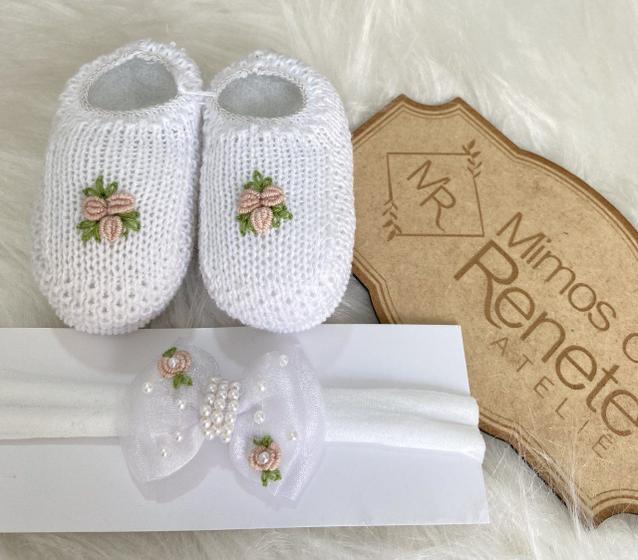 Imagem de Sapatinho com Tiara Rococó Flores Juntas  Rosê Recém Nascido Confortável Moda Infantil Menina Feminino