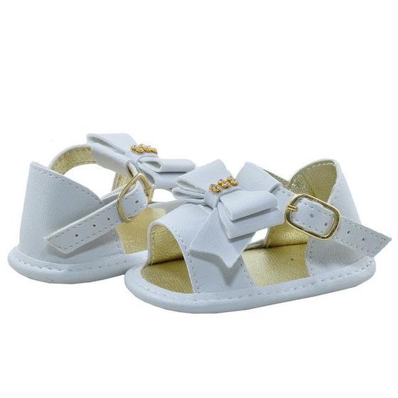 Imagem de Sapatinho de Bebê Bicho de Pé - Sandália Feminina c/ Fivela e Laço - Sintético - Branco com Ouro Light