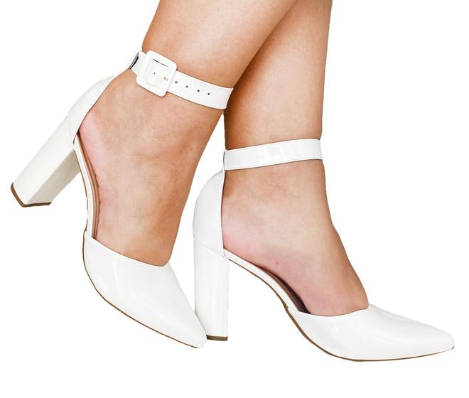 Sapato Feminino Branco Scarpin bico fino salto médio salto grosso ...
