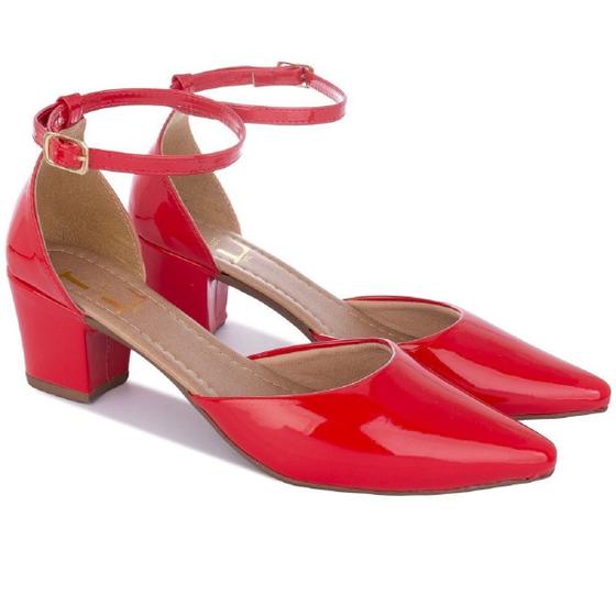 Imagem de Sapato Feminino Scarpin Fivela Bico Fino Salto Grosso Brilho Elegante