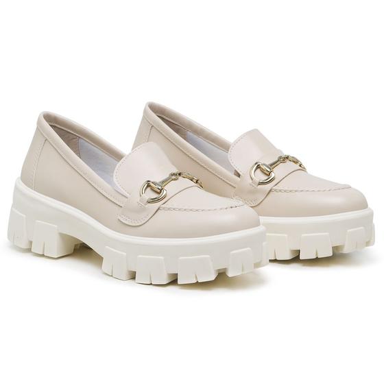 Imagem de Sapato Mocassim Feminino Solado Tratorado Elegante Creme