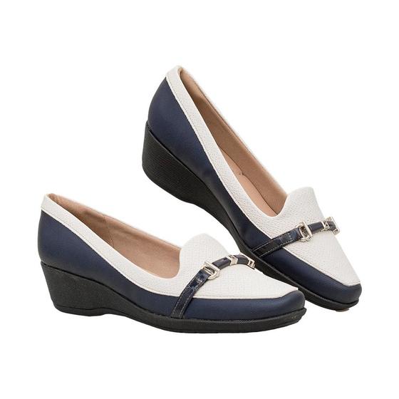 Sapato Navy Pingente Metalizado Salto Anabela Comfort Sapato