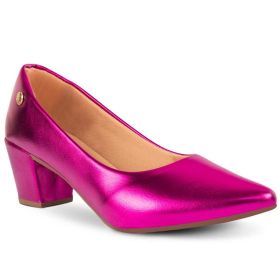 Imagem de Sapato Scarpin Feminino Metalizado Brilho Bico Fino Salto Alto Bloco Quadrado 2.16
