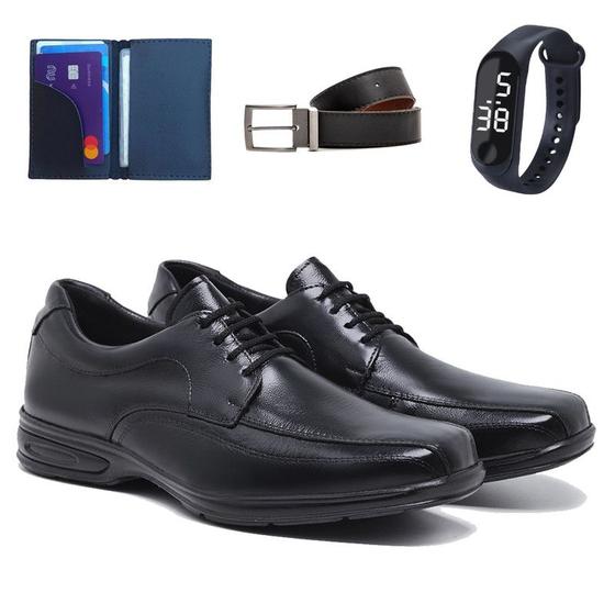 Imagem de Sapato Social Masculino Cadarço Footwear Confort Em Couro Com Carteira, Relógio E Cinto