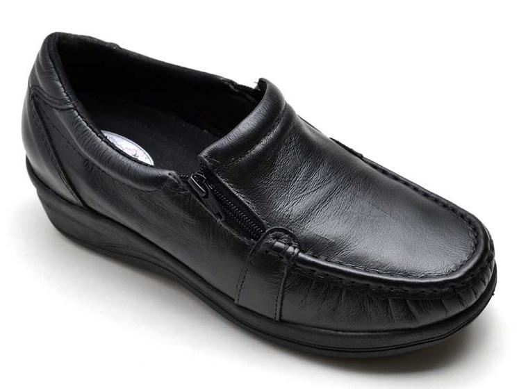 Imagem de Sapato Tênis Feminino Ortopédico De Zíper Mocassim Casual Anti Stress Enfermagem Em Couro