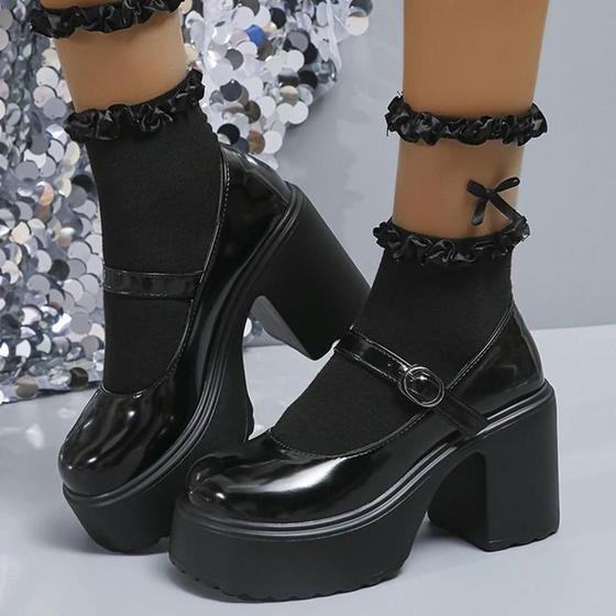 Sapatos Mary Jane Lolita Com Plataforma Chunky Rosa, Salto Alto