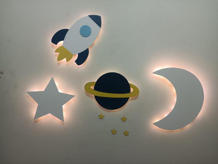 Imagem de Saturno Foguete Lua Estrela Todos Com Led Decoração Bebe 4pc