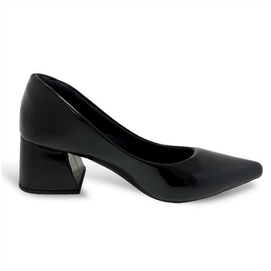 Imagem de Scarpin Feminino Preto Verniz Salto Bloco Grosso 