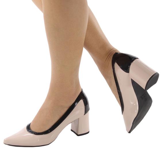 Imagem de Scarpin Feminino Salto Bloco 7cm Verniz Rose/ Verniz Preto ER299