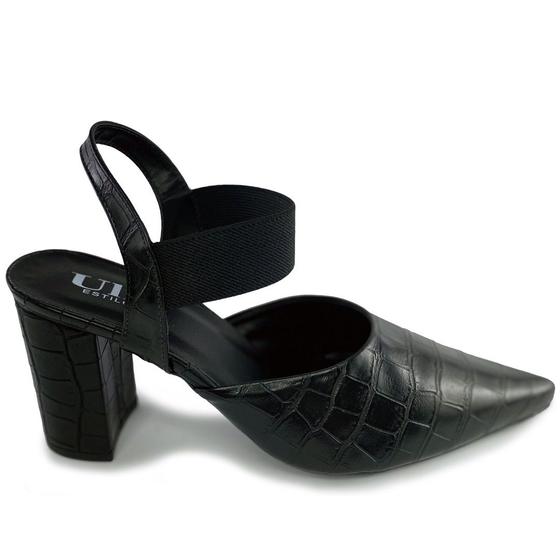 Imagem de Scarpin Preto com Estampa Croco com Elástico no Tornozelo Salto Alto Bloco 9 cm - ULLY