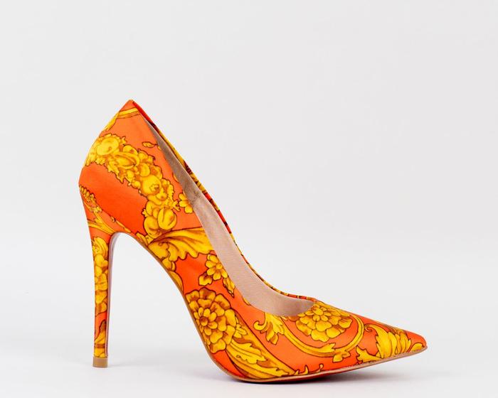 Imagem de Scarpin Salto Fino 12cm Seda Italiana Laranja com Amarelo CBK