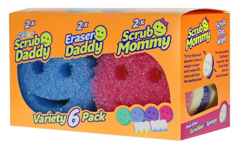 Imagem de Scrub Daddy Sponge Variety Pack - Pacote de limpeza de cozinha e limpeza, contém 2 Scrub Daddy, 2 Scrub Mommy & 2 Eraser Daddy, 1 6ct Box