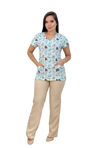 Imagem de Scrubs Feminino Blusa Estampado 2 Bolsos Frontais Calça com Elástico na Cintura