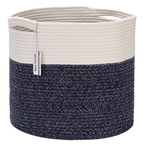 Imagem de Sea Team Large Size Cotton Rope Woven Storage Basket with Handles, Laundry Hamper, Trunk Organizer, Clothes Toys Bin for Kid's Room, 15 x 13 polegadas, design aberto redondo, Off White & Variegated Navy