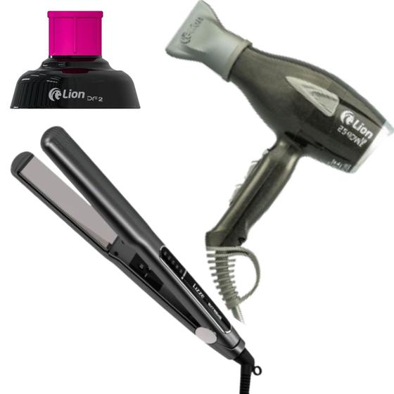 Imagem de Secador Cabelo Pro 2540w Lion 220v Preto + Prancha Chapinha Extreme Lizze 480f 220v + Difusor Pink