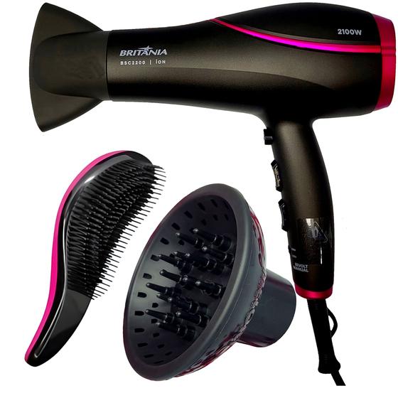 Imagem de Secador De Cabelo Britania Profissional 2100w Ions Tourmaline Ar Quente Frio Bivolt Com Difusor de Cachos Escova Flex